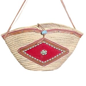 Straw Bag Tote Red Leather Accents Beaded Brown Leather Strap Vintage Italy